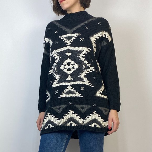 Vintage 90s Hand Knit WESTERN Tunic Sweater! Medium - Picture 5 of 5